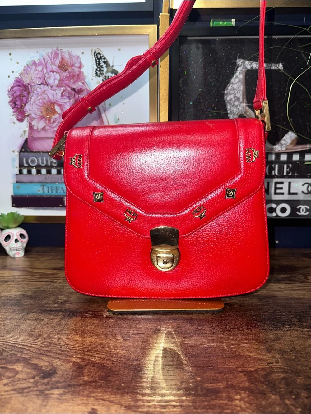 MCM Patricia Red Pebbled Leather Crossbody Bag Gold Studs  Vintage